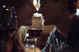Elegant young couple enjoying red wine photo