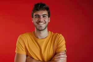 Happy young man in casual attire with crossed arms. photo