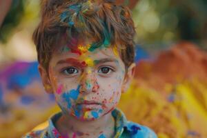 Little boy plays with colors.Concept for Indian festival Holi. photo