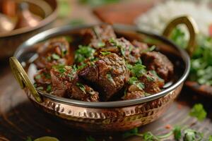 Indian style meat dish in a copper bowl photo