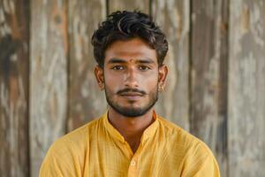 Portrait of a pleasant looking man of Indian origin against a wooden background photo