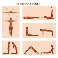 Tibetan health improving gymnastic complex. 5 Tibetan pearls rite, yoga exercises. vector