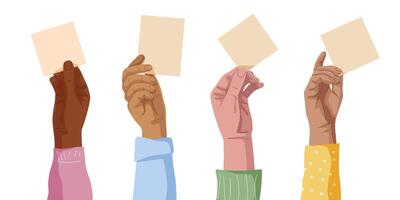 Set of human hands palm and fingers different races and elements of cloth holding empty banner with copy space. vector