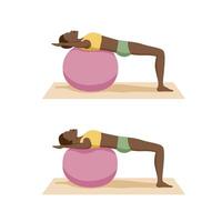 Woman is performing a chest exercise on a fit ball. The movement involves pressing down on the ball with her forearms. vector