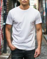 joven adulto hombre modelo en blanco blanco t camisa para diseño Bosquejo foto