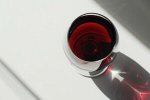 Glass of red wine with shadow.Top view photo