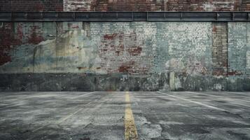 Industrial background empty grunge urban street with warehouse brick wall photo