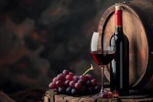 Red wine bottle and glass on wooden barrel. photo