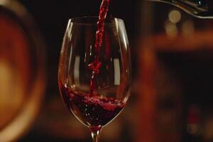 Red wine pouring into wine glass close up photo