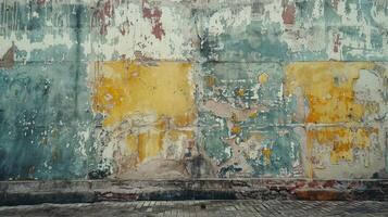 Colorful stains under crumbling gray paint on shabby wall of grungy building on street photo