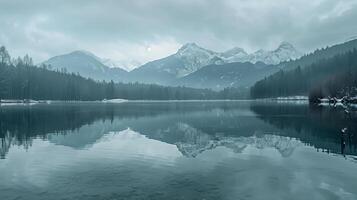 Photo of a mountain landscape with a mountain lake reflecting the entire scenery