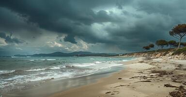 gran angular paisaje foto presentando un playa con estrellarse olas y dramático cielo