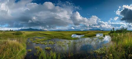 Wide-angle landscape photo overlooking a mountain lake with a backdrop of mountains