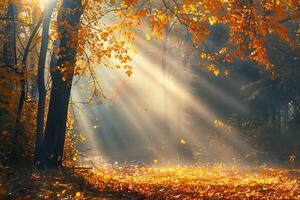 foto de un cuento de hadas paisaje con luz de sol transmisión mediante el bosque