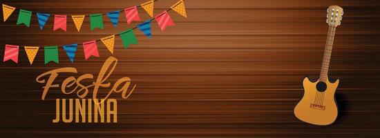 festa junina wooden banner with gutar element vector