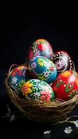 A basket of colorful eggs with copyspace on a black background. Easter egg concept, Spring holiday photo