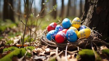 vistoso huevos en el bosque. Pascua de Resurrección huevo concepto, primavera fiesta foto