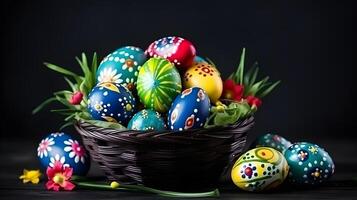 A basket of colorful eggs with copyspace on a black background. Easter egg concept, Spring holiday photo