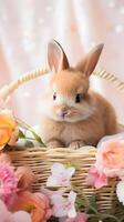 A cute little bunny sitting in basket nest full of flowers. Easter egg concept, Spring holiday photo