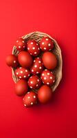 A basket of colorful eggs with copyspace on a red background. Easter egg concept, Spring holiday photo