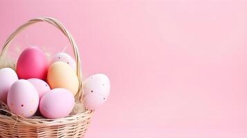 A basket of colorful eggs with copyspace on a pink background. Easter egg concept, Spring holiday photo