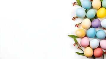 Colorful eggs with copyspace on white background. Easter egg concept, Spring holiday photo