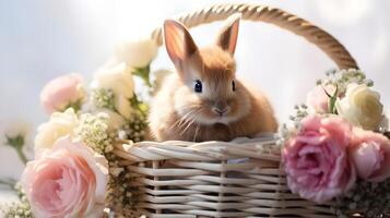 A cute little bunny sitting in basket nest full of flowers. Easter egg concept, Spring holiday photo