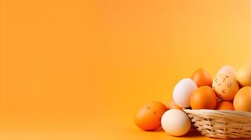 A basket of colorful eggs with copyspace on a orange background. Easter egg concept, Spring holiday photo