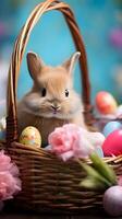 A cute little bunny sitting in basket nest with colorful eggs. Easter egg concept, Spring holiday photo