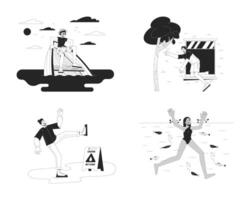 Multiracial people in dangerous situations black and white cartoon flat illustration set. People in troubles 2D lineart characters isolated. Accidents monochrome scene outline image collection vector