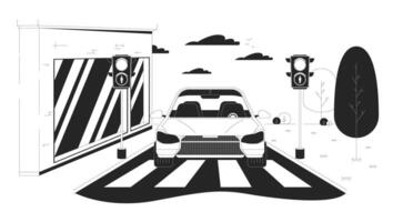 Car stopped at red light black and white cartoon flat illustration. Traffic regulation in urban district 2D lineart objects isolated. Driving vehicle in city monochrome scene outline image vector