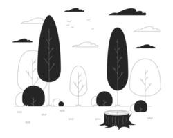 Empty glade with tree stump in wood black and white line illustration. Travelling to summer forest 2D lineart objects isolated. Picturesque landscape monochrome scene outline image vector