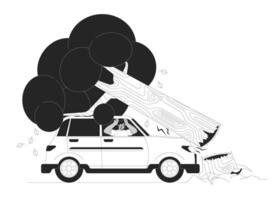 Road accident black and white cartoon flat illustration. Scared arab driver in car under fallen tree 2D lineart character isolated. Driving at storm danger monochrome scene outline image vector