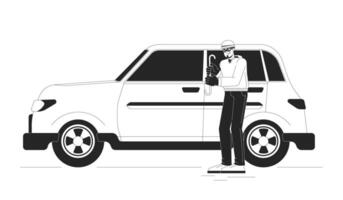 Thief breaking into car black and white cartoon flat illustration. Caucasian criminal stealing auto 2D lineart character isolated. Illegal actions with vehicle monochrome scene outline image vector