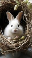 A cute rabbit sitting in basket nest with eggs photo