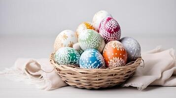 A basket of colorful eggs with copyspace on a white background. Easter egg concept, Spring holiday photo