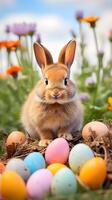A cute little bunny with colorful eggs. Easter egg concept, Spring holiday photo
