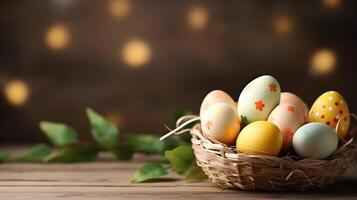 Colorful eggs with copyspace on wooden floor with bokeh background. Easter egg concept, Spring holiday photo