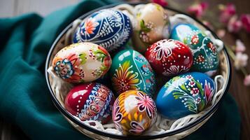 A bowl of colorful eggs with copyspace on wooden floor. Easter egg concept, Spring holiday photo