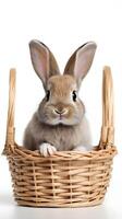 A cute little bunny sitting in basket nest on white background. Easter egg concept, Spring holiday photo