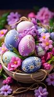 A basket of colorful eggs with copyspace on wooden floor. Easter egg concept, Spring holiday photo