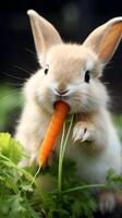 un linda pequeño conejito comiendo zanahoria. Pascua de Resurrección huevo concepto, primavera fiesta foto