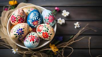 A bowl of colorful eggs with copyspace on wooden floor. Easter egg concept, Spring holiday photo
