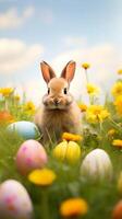 A cute little bunny with colorful eggs. Easter egg concept, Spring holiday photo