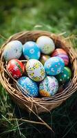 A basket of colorful eggs in the forest. Easter egg concept, Spring holiday photo