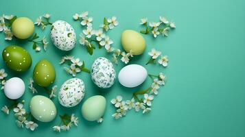 A basket of colorful eggs with copyspace on green background. Easter egg concept, Spring holiday photo