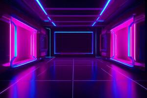 futuristic neon concrete underground space with lights photo