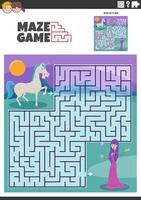 maze game with cartoon unicorn and witch fantasy characters vector