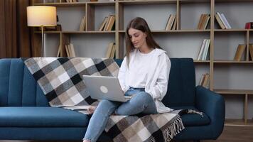 mooi vrolijk meisje gebruik makend van zilver laptop terwijl zittend Aan sofa in leven kamer Bij huis video