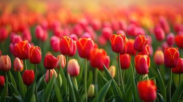 Colorful tulips grow and bloom in close proximity to one another photo